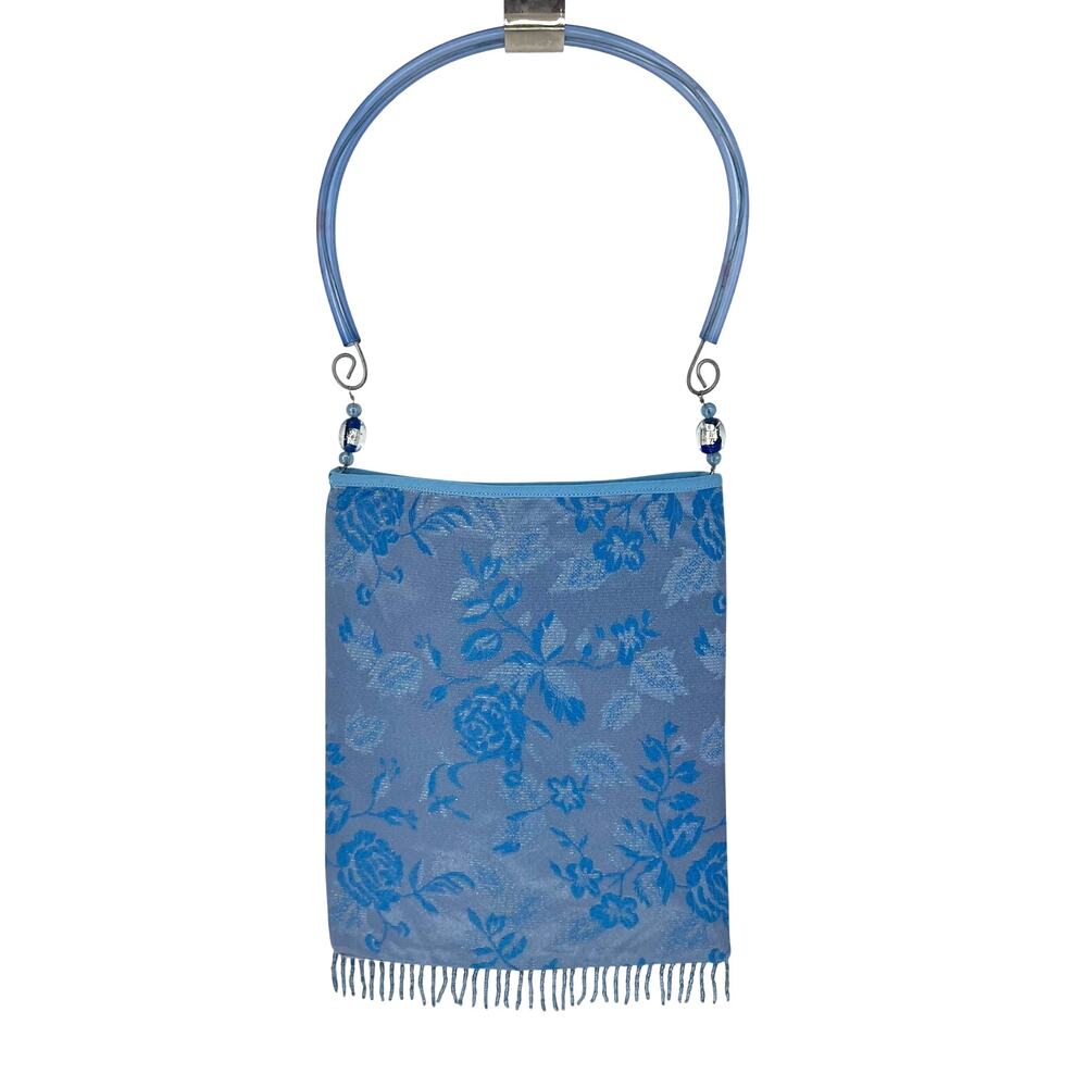 Periwinkle Blue Embroidered Silk Beaded Fringe Evening Bag